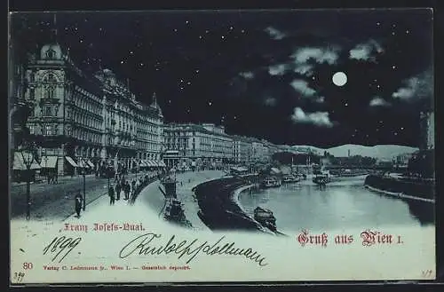 Mondschein-AK Wien I, Dampfer am Franz Josefs-Quai