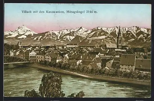 AK Villach, Ortsansicht mit Karawanken und Mittagskogel