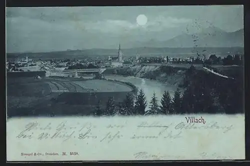 Mondschein-AK Villach, Ortsansicht mit Kirche bei Vollmond