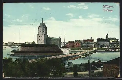 AK Wiborg, Ortsansicht mit Brücke und Burg