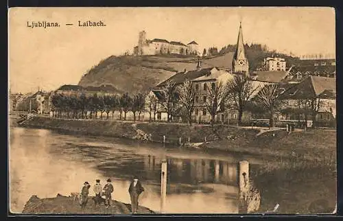 AK Laibach, Teilansicht mit Kirche und Schloss