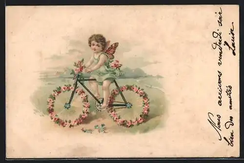 Künstler-AK Kleine Fee fährt auf einem Fahrrad mit Blumen-Reifen