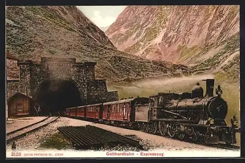AK Gotthardbahn, Expresszug fährt aus dem Tunnel