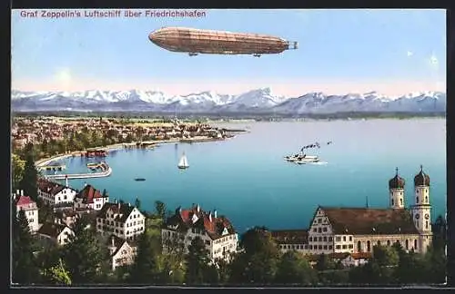 AK Friedrichshafen, Graf Zeppelins Luftschiff über dem Ort