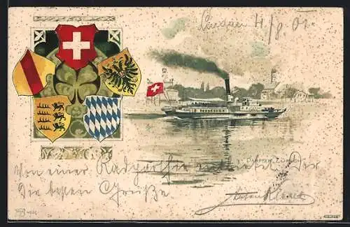 Lithographie Dampfer Zürich gibt Volldampf, Wappen