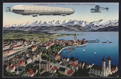 AK Friedrichshafen, Neue Uferstrasse, Flugzeug, Zeppelin