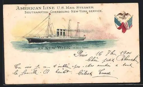 Lithographie Dampfer SS New York der American Line