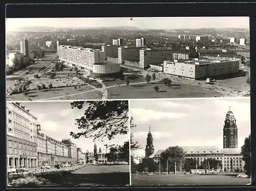 AK Dresden, Blick zu Prager Strasse, Altmarkt, Rathaus und Kreuzkirche