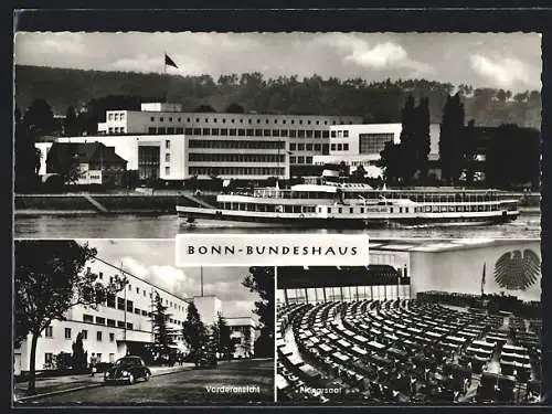 AK Bonn, Bundeshaus mit Dampfer Rheinland, Vorderansicht und Plenarsaal