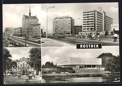 AK Rostock, Lange Strasse, Haus der Schiffahrt und Interhotel Warnow, Universität, Kunsthalle und Schwanenteich