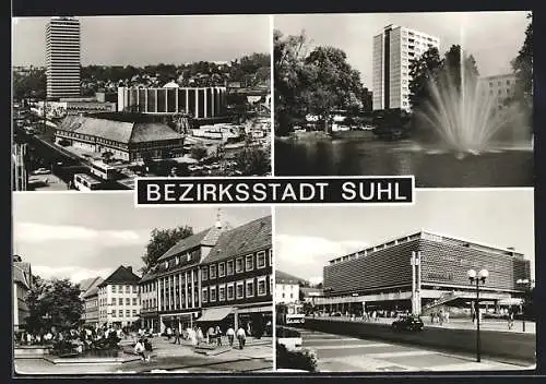 AK Suhl, Springbrunnen, Ortsansicht aus der Vogelschau, Fussgängerzone, Kaufhaus Centrum