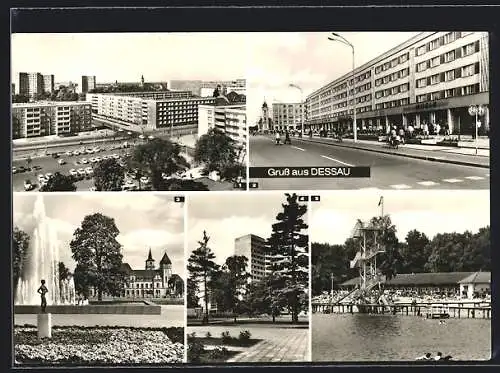 AK Dessau, Hochhäuser am Stadtpark, Strandbad Adria, August-Bebel-Strasse