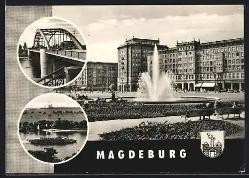 AK Magdeburg, Wilhelm-Pieck-Brücke und -Allee, Fahrgastschiff MS Erich Weinert