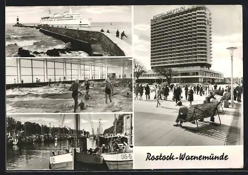 AK Rostock-Warnemünde, Hotel Neptun, Hafeneinfahrt mit Leuchtturm und Passagierschiff, Schwimmbad