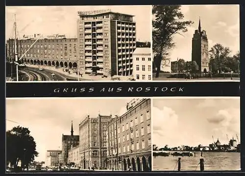AK Rostock, Gebäude von Neues Deutschland, Kirche, Hafenpartie