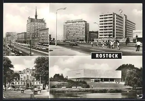 AK Rostock, Lange Strasse, Haus der Schiffahrt & Interhotel Warnow, Universität, Kunsthalle