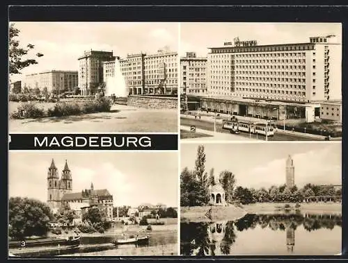 AK Magdeburg, Wilhelm-Pieck-Allee, Interhotel International, Dom, Kulturpark Rotehorn