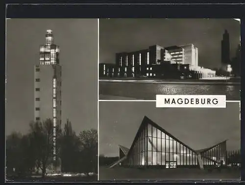AK Magdeburg, Aussichtsturm, Stadthalle und Ausstellungszentrum im Kurpark Rotehorn