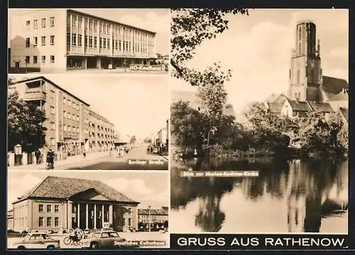 AK Rathenow, HO-Kaufhaus, Blick zur Marien-Andreas-Kirche, Berliner-Strasse, Staatliches Kulturhaus