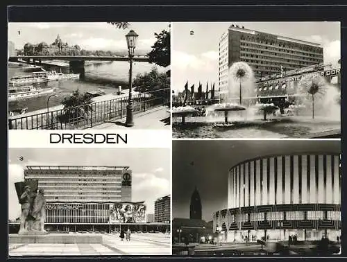 AK Dresden, Dr.-Rudolf-Friedrichs-Brücke, Interhotel Bastei in der Prager Str., Lenindenkmal, Filmtheater