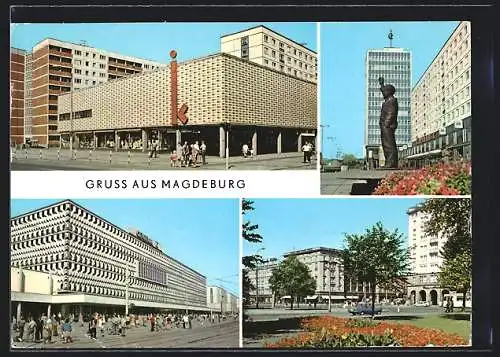 AK Magdeburg, Kinderkaufhaus in der Karl-Marx-Strasse, Erich-Weinert-Denkmal u. Haus des Lahrers, Centrum Warenhaus