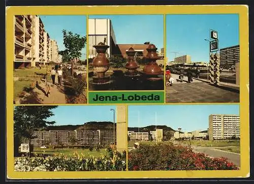 AK Jena-Lobeda, Blick zum Markt, Brunnen vor dem Kulturhaus, Hochhäuser in Lobeda-Ost