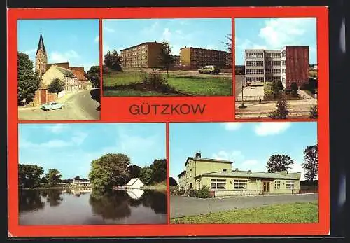 AK Gützkow, Kirchstr., Neubaugebiet Mascowstrasse, Wilhelm-Pieck-Oberschule, Bootsanlegestelle, Gaststätte Seeperle