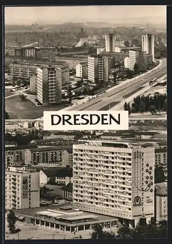 AK Dresden, Hochhäuser aus der Vogelschau, Hochhaus am Pirnaischen Platz