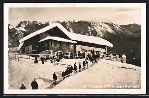 AK Wankhaus, Ansicht des Hauses im Winter gegen den Karwendel