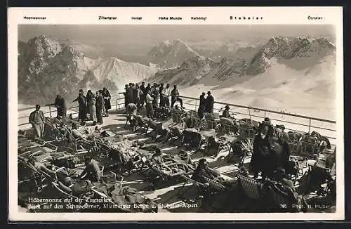 AK Zugspitze, Höhensonne auf der Zugspitze mit Blick auf Schneeferner, Mieminger Berge u. Stubaier Alpen