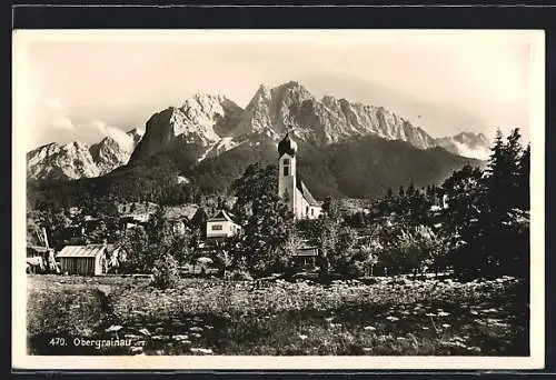 AK Obergrainau, Ortsansicht mit Kirche im Frühling