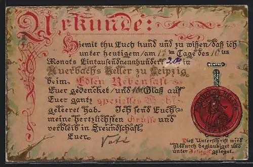 AK Leipzig, Urkunde aus Auerbachs Keller, mit Siegel