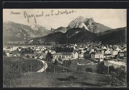 AK Füssen, Ortsansicht gegen die Berge