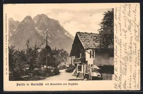 AK Garmisch, Ortspartie mit Waxenstein und Zugspitze