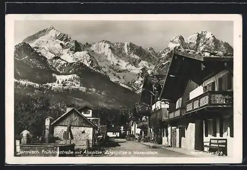 AK Garmisch, Frühlingstrasse mit Alpspitze und Zugspitze