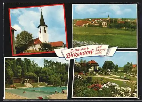 AK Birkendorf /Südl. Schwarzwald, Ortsansicht, Blick auf die Kirche, Schwimmbad