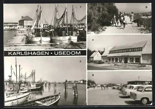AK Karlshagen /Usedom, Fischerhafen, Weg zum Strand, HO-Landwarenhaus, Parkplatz