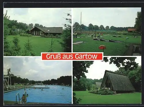 AK Gartow / Elbe, Minigolfanlage, Badespass im Waldbad, Ferienhütte