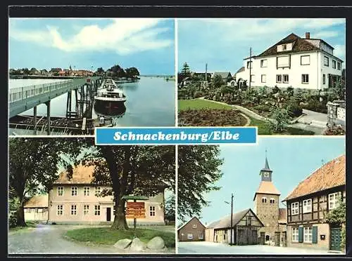 AK Schnackenburg /Elbe, Pension Haus Neu-Warnsdorf, Uferpartie an einer Brücke, Kirche