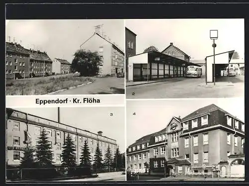 AK Eppendorf / Sachsen, Neubaugebiet, Busbahnhof, VEB Kranich Schuhfabrik, VEB Planet Wäschekonfektion