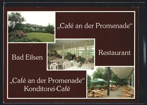 AK Bad Eilsen, Restaurant-Konditorei Café an der Promenade, mit Terrasse und Innenansicht