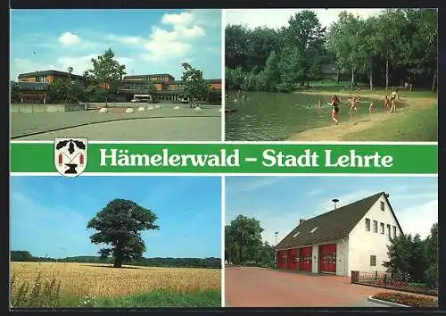 AK Lehrte-Hämelerwald, Schulgebäude, Strandszene, Feuerwehrgebäude