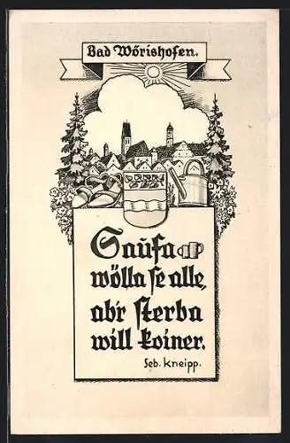 Künstler-AK Bad Wörishofen, Ortspartie mit Wappen und Spruch von Seb. Kneipp