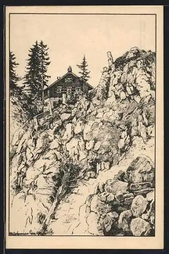Künstler-AK Oberammergau, Laberhütte der Skt. Starnberg d. D.-Oe. A.-V. auf dem Laberjoch