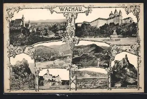 AK Krems, Panorama, Ansichten von Schönbühel, Dürnstein, Spitz und Schloss Melk