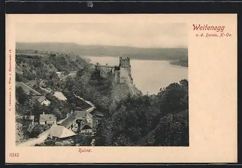 AK Weitenegg a. d. Donau, Blick auf die Ruine am Felsen