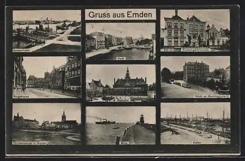 AK Emden / Ostfriesland, Aussenhafen, Ringstrasse, Delft, Fürbringerbrunnen, Töchterschule und Kirche