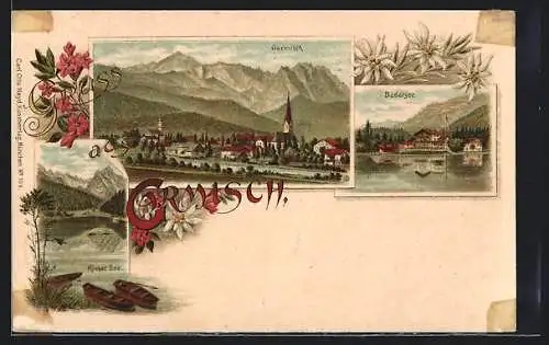 Lithographie Garmisch, Ortsansicht mit Bergpanorama, Bädersee, Risser See