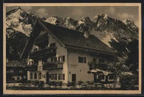 AK Garmisch /Bayerisches Hochgebirge, Gasthof und Pension Zugspitze gegen die Berge