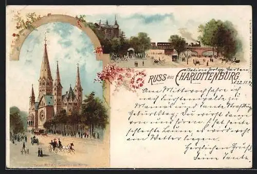 AK Berlin-Charlottenburg, Platzpartie unter der Brücke mit eine Eisenbahn, an der Kaiser Wilhelm-Gedächtniskirche